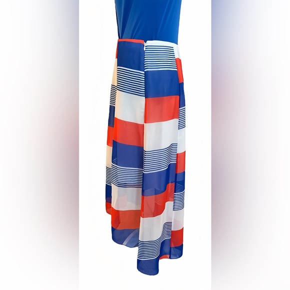 Ann Taylor Skirt Size 2 | High Low Hem Midi | Red White Blue Striped - Picture 2 of 8